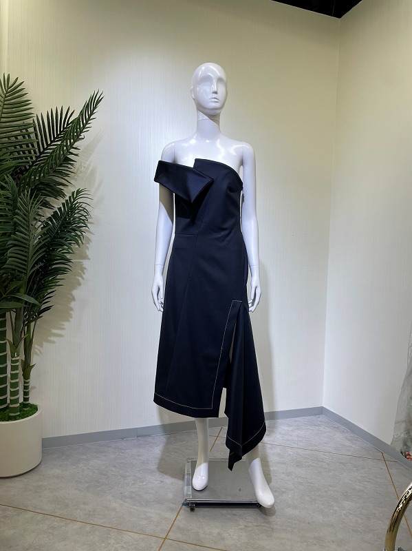 【レンタルドレス 2362】フォールドオーバーアシンメトリードレープミモレ丈スリットロングドレス ネイビー【MONSE】